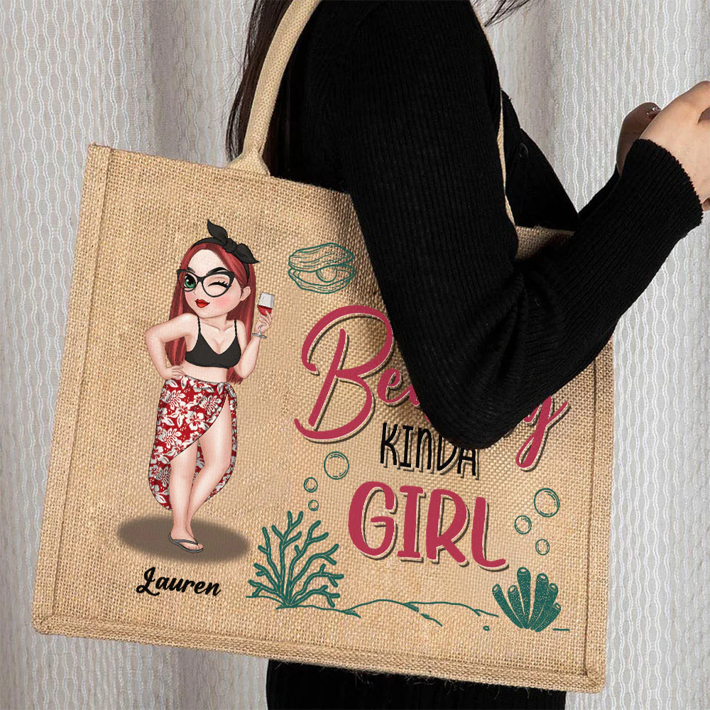 A Beachy Kinda Girl - Personalized Custom Jute Tote Bag - Image 4