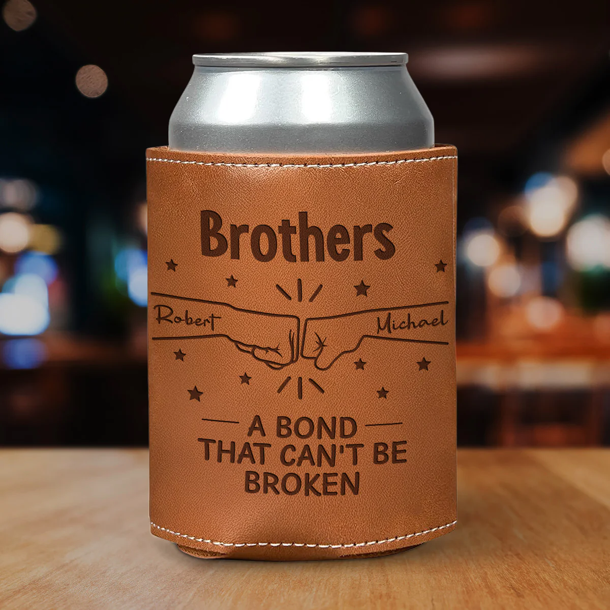 A Bond Between Brothers - Personalized Custom Engraved Leather Can Cooler Holder