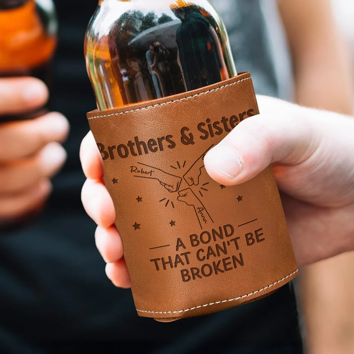 A Bond Between Brothers - Personalized Custom Engraved Leather Can Cooler Holder - Image 2