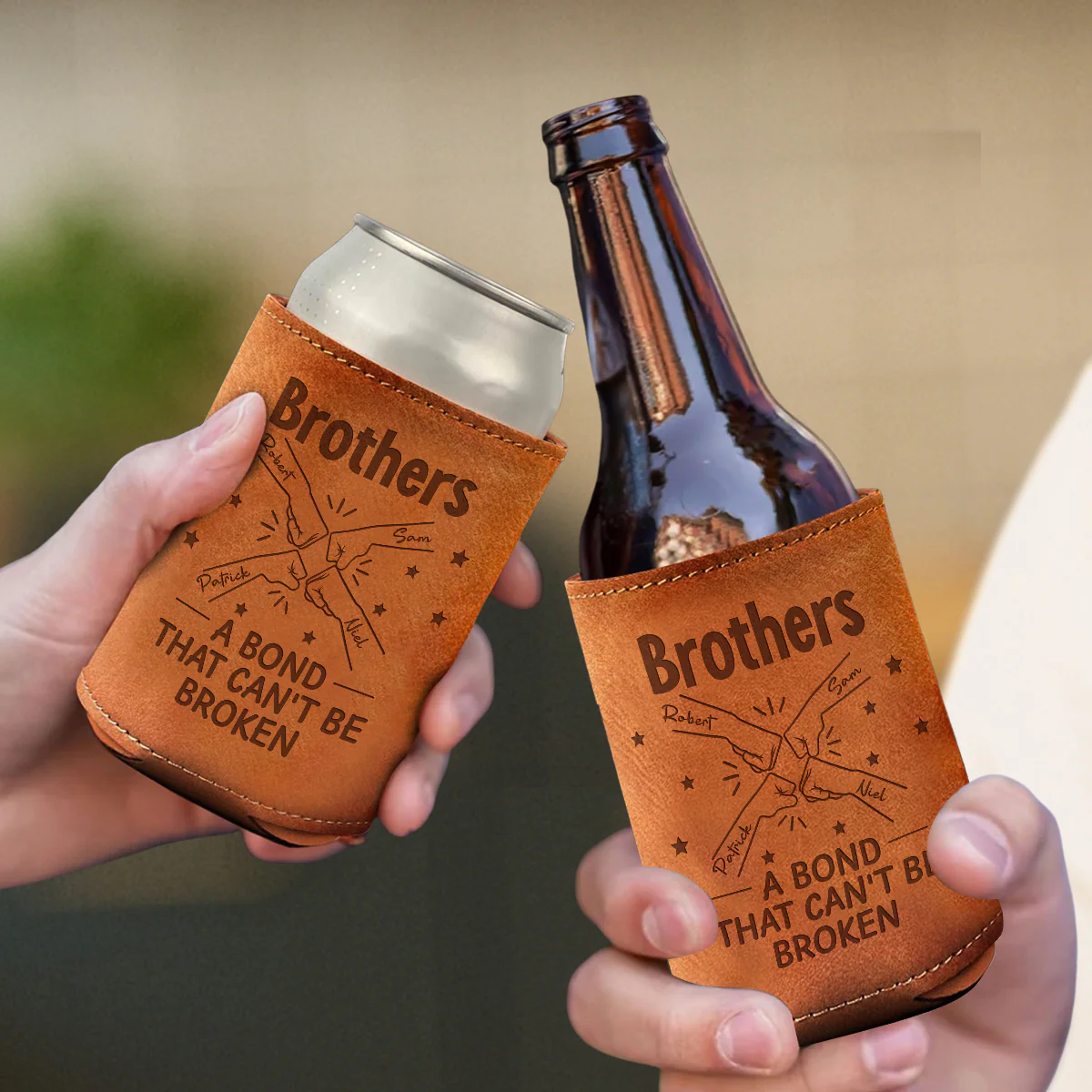 A Bond Between Brothers - Personalized Custom Engraved Leather Can Cooler Holder - Image 4