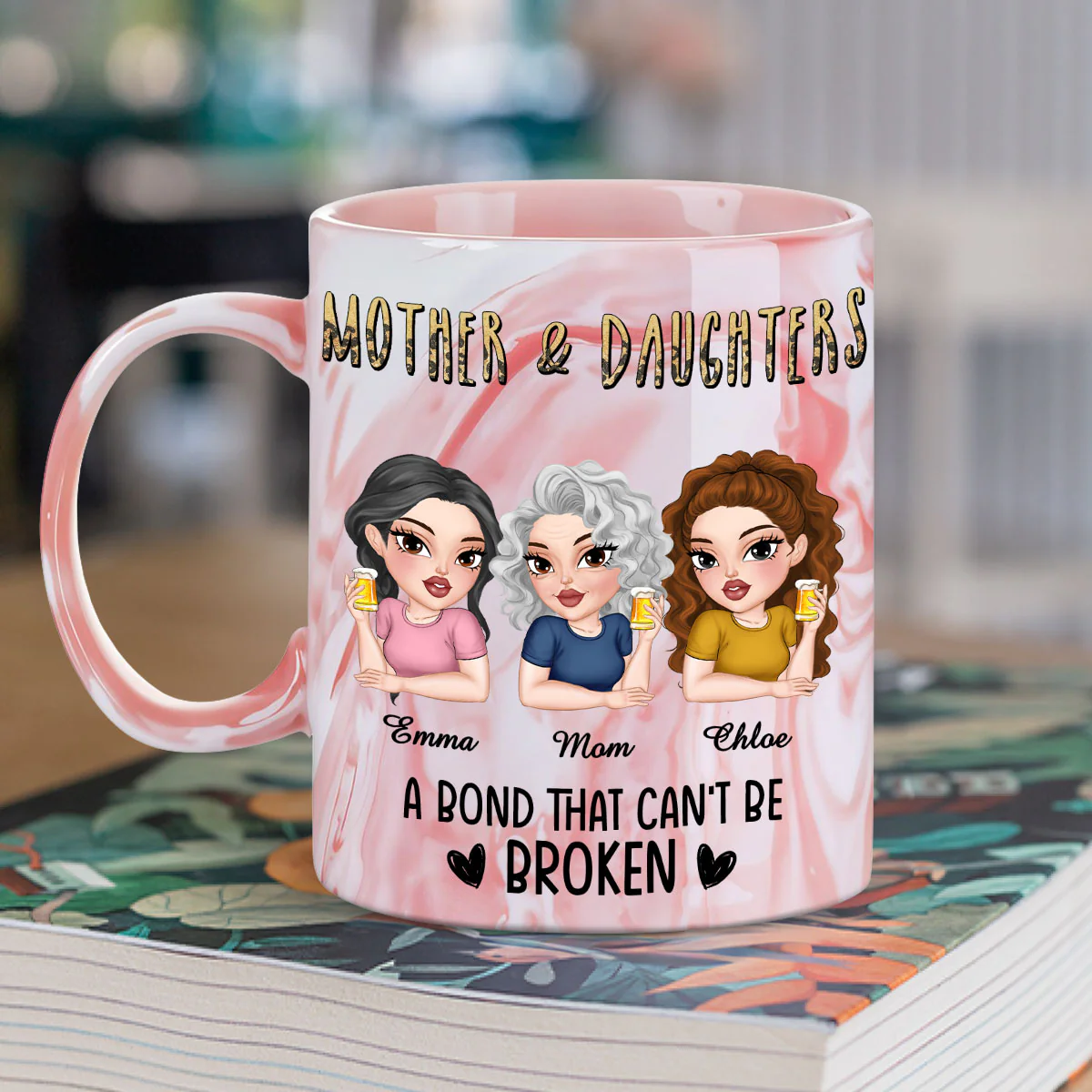A Bond That Cannot Be Broken Cartoon - Personalized Custom Pink Marble Mug - Image 2