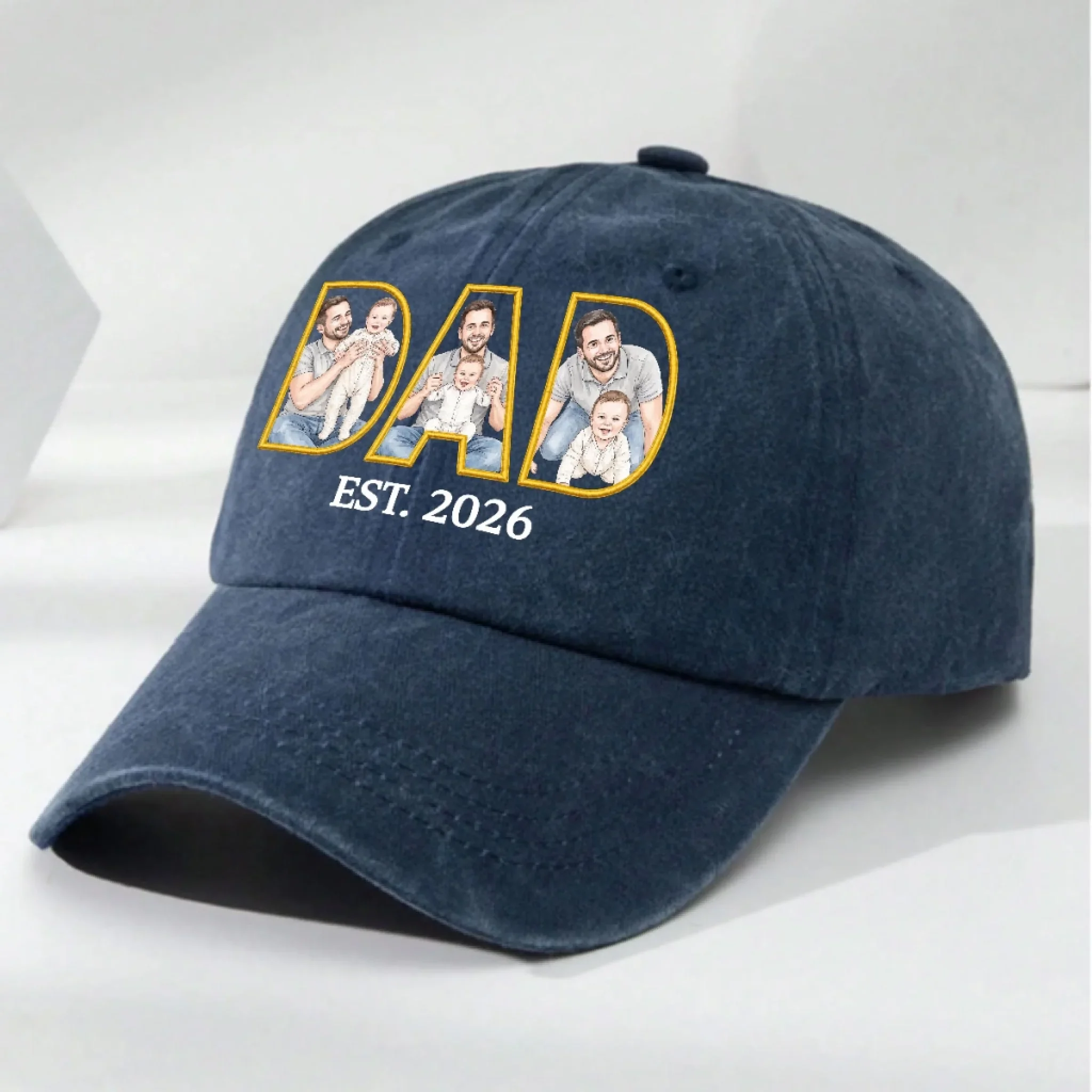A Father Is Born - Personalized Custom Vintage Washed Denim Cap - Image 2