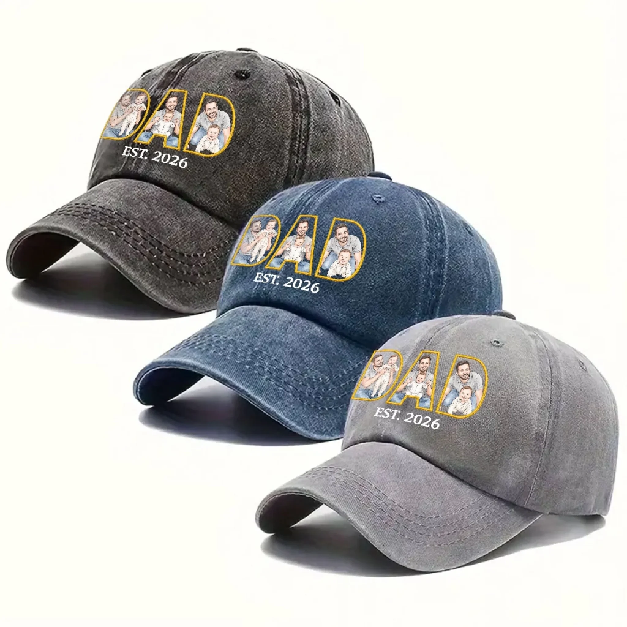 A Father Is Born - Personalized Custom Vintage Washed Denim Cap - Image 3