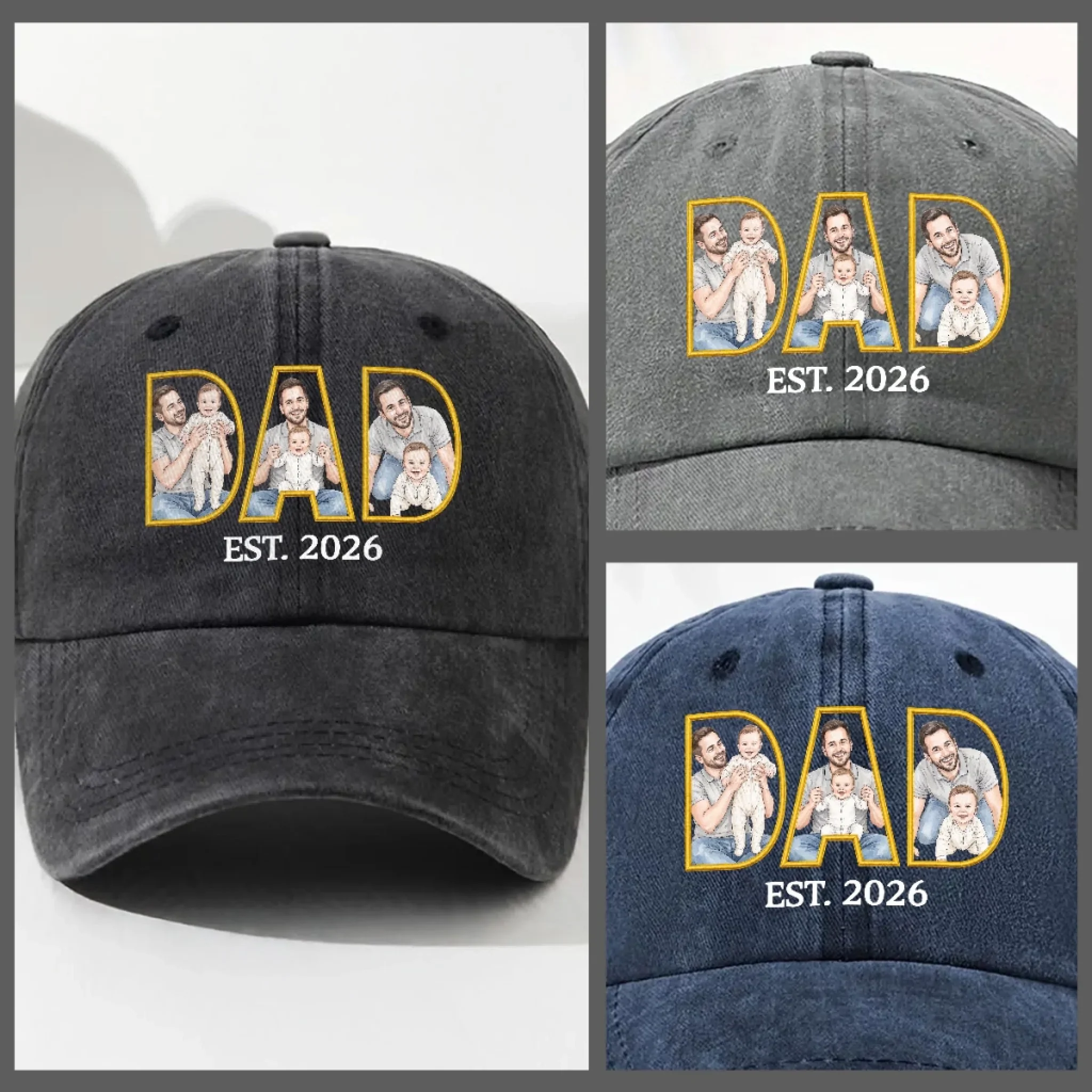 A Father Is Born - Personalized Custom Vintage Washed Denim Cap - Image 4