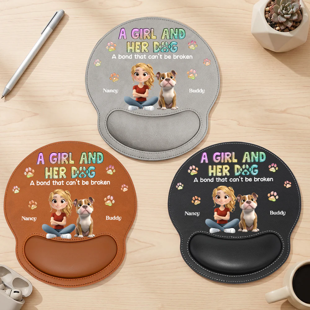 A Girl And Her Dog - Personalized Custom Leather Mouse Pad - Image 2