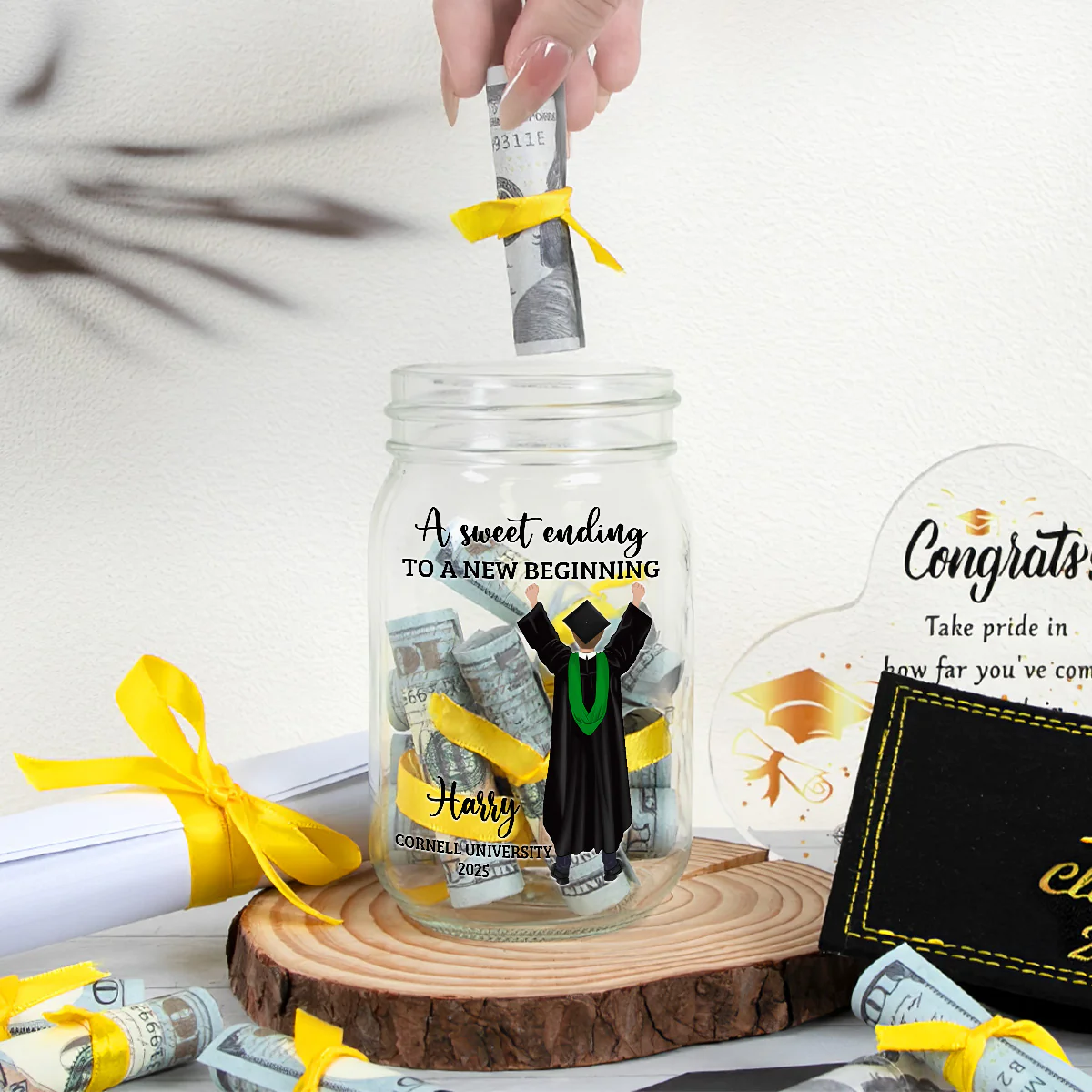 A Sweet Ending To A New Beginning - Personalized Custom Graduation Mason Jar Light - Image 4