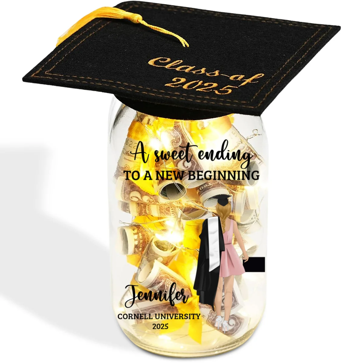 A Sweet Ending To A New Beginning - Personalized Custom Graduation Mason Jar Light - Image 6