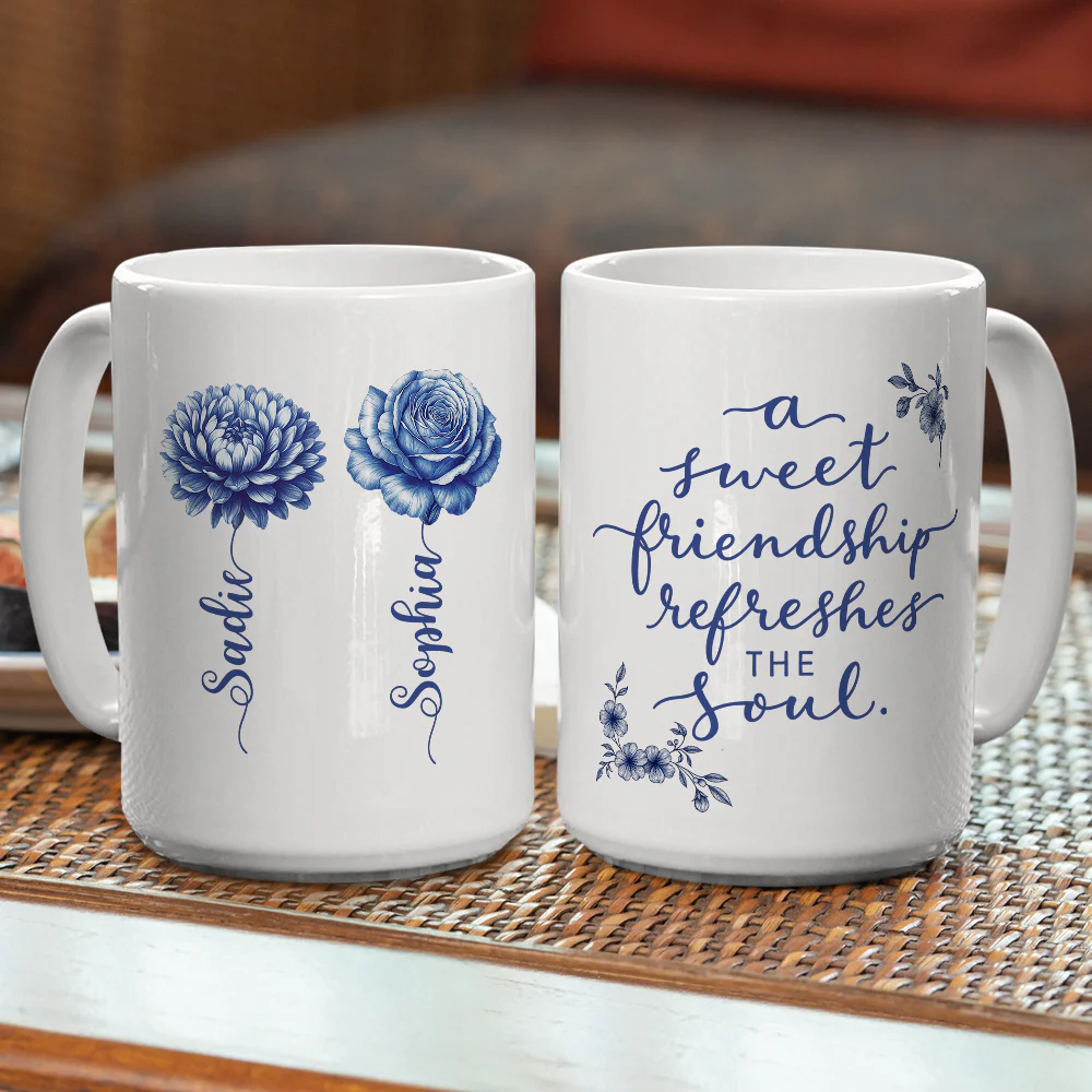 A Sweet Friendship Blue Toile - Personalized Custom Coffee Mug - Image 2