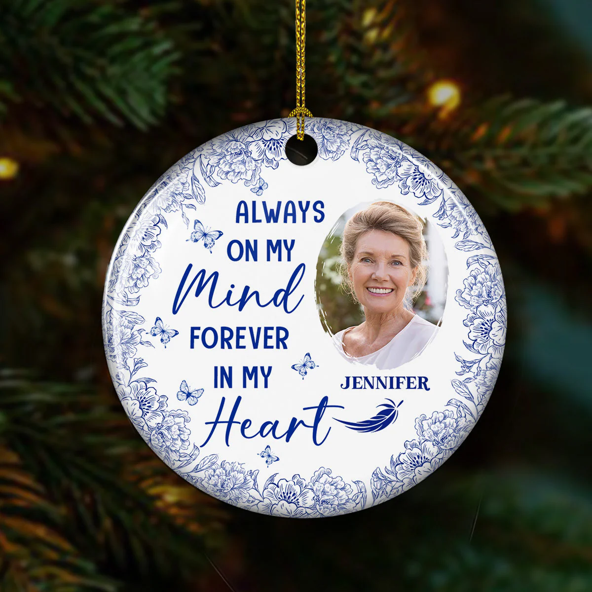 Always On My Mind Blue Toile - Personalized Custom Ceramic Ornament - Image 2