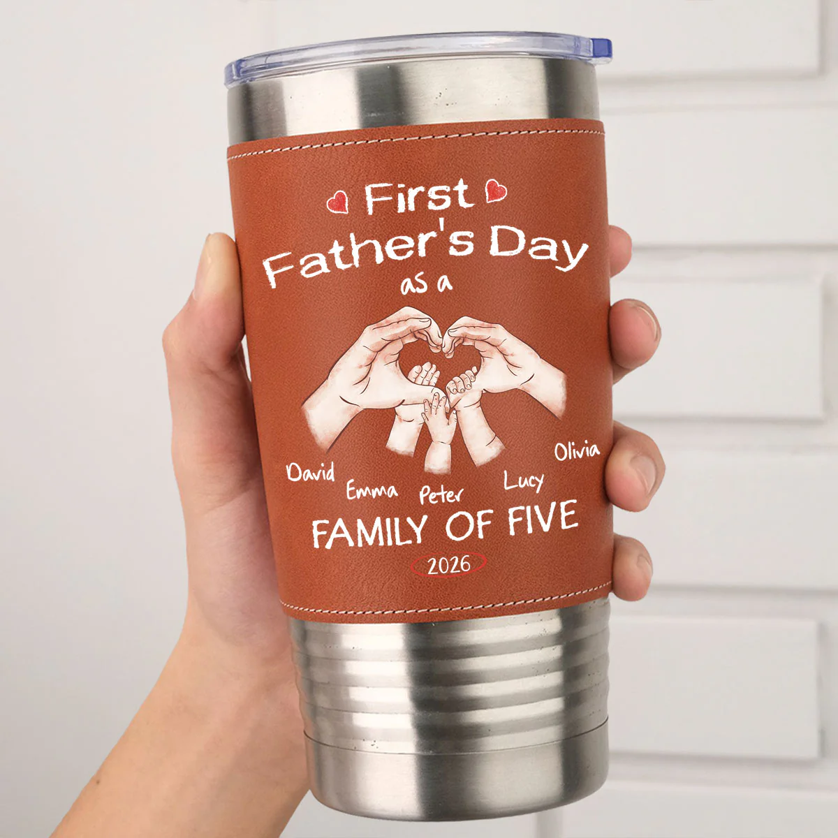 As A Family Of Three Fathers Day - Personalized Custom Leather Tumbler - Image 5
