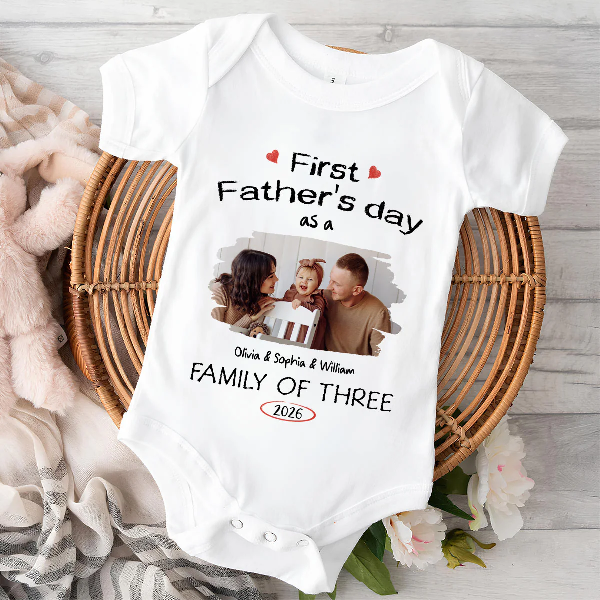 As A Family Of Three Fathers Day Photo - Personalized Custom Baby Onesie - Image 2