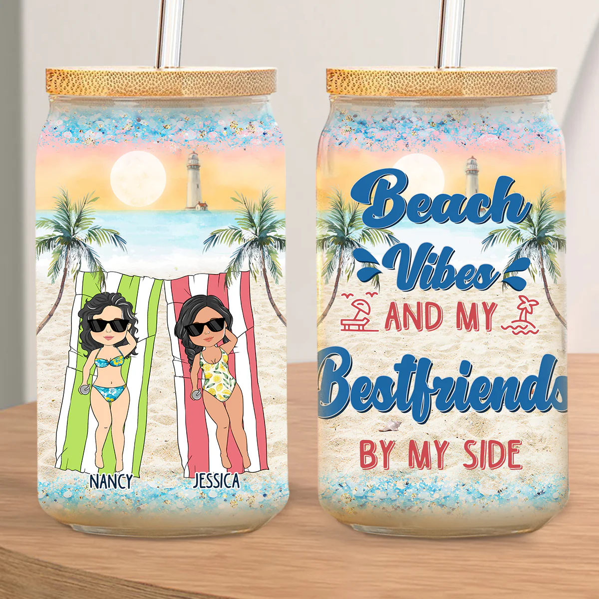 Beach Vibes and My Bestie By My Side - Personalized Custom Glass Can - Image 2