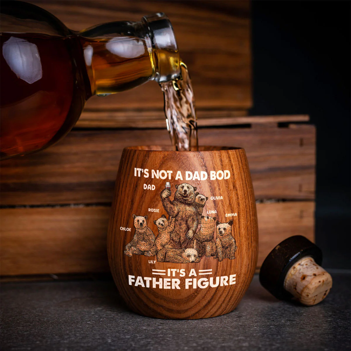 Bear Family Dad Bod - Personalized Custom Wooden Whiskey Glass - Image 3