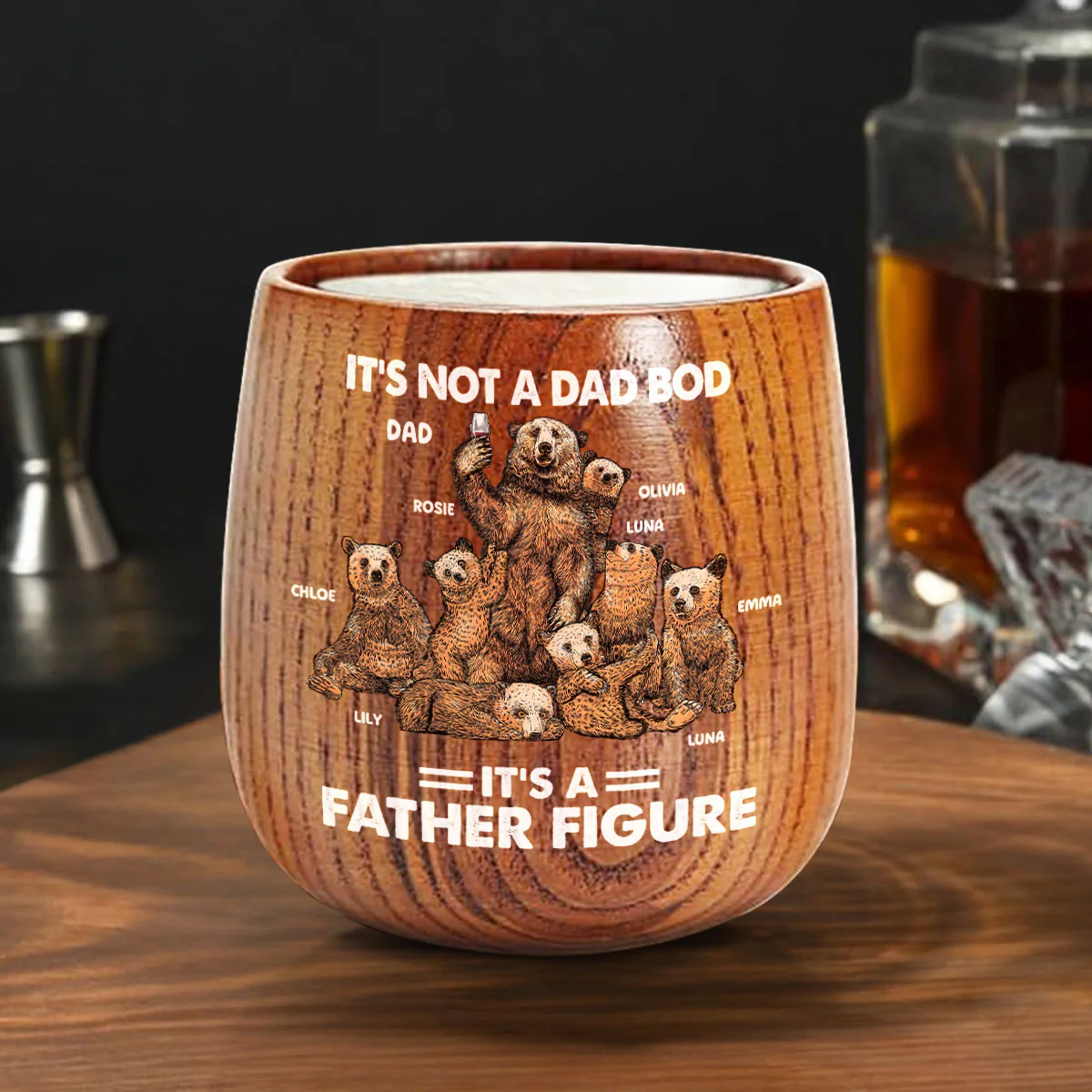 Bear Family Dad Bod - Personalized Custom Wooden Whiskey Glass - Image 4