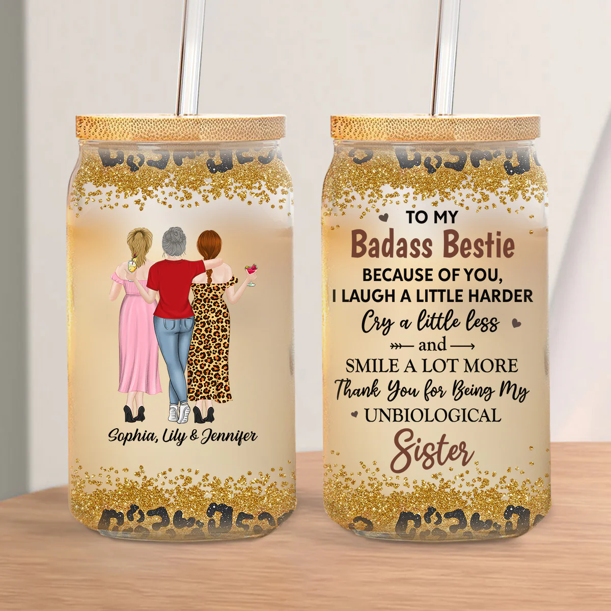 Because Of You I Laugh A Little Harder - Personalized Custom Glass Can - Image 2