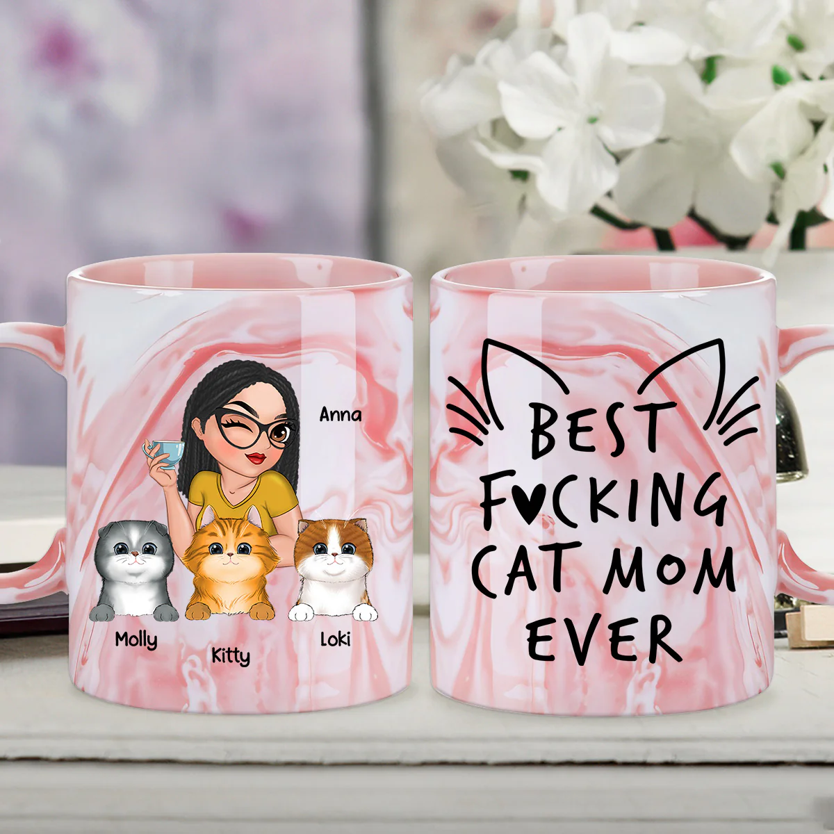 Best Cat Mom Ever - Personalized Custom Pink Marble Mug - Image 4