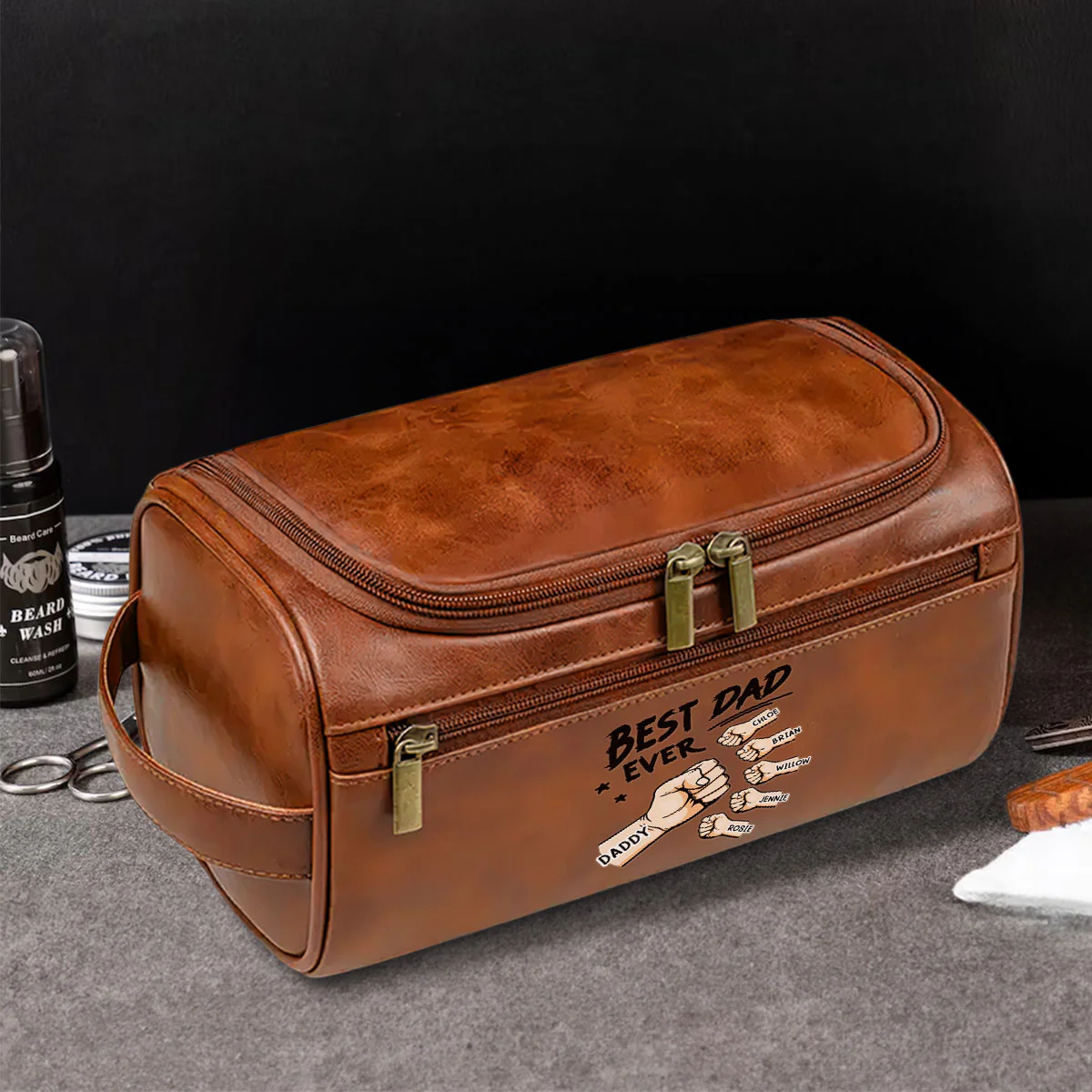 Best Dad Ever - Personalized Custom Leather Toiletry Bag - Image 3