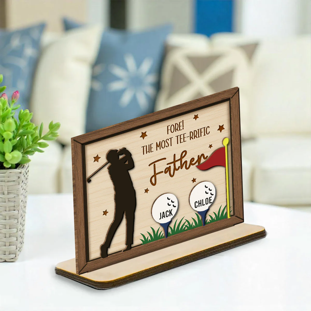 Best Dad On The Green - Personalized Custom 2-Layer Wood Plaque With Flat Base - Image 3
