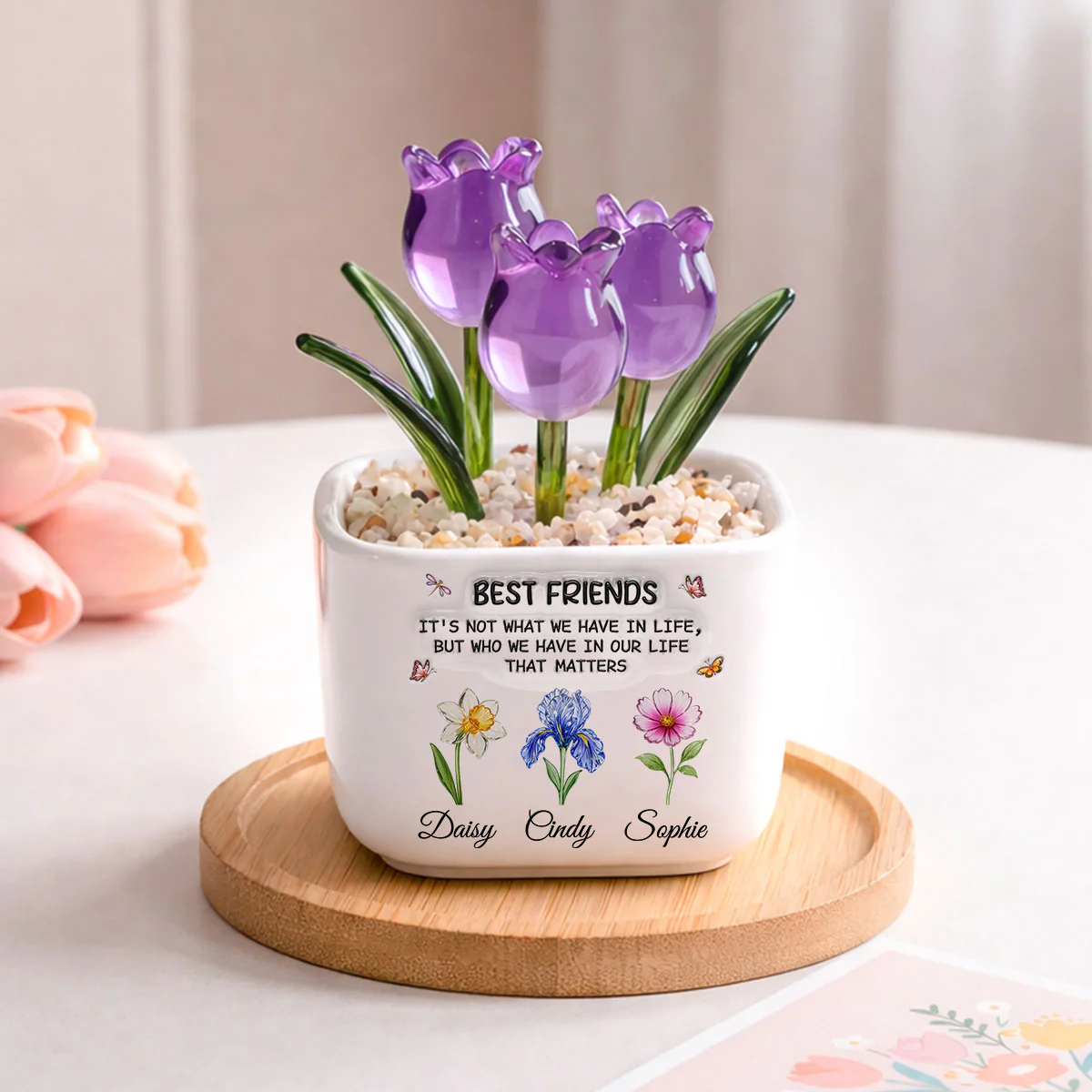 Best Friends - Personalized Custom 3D Inflated Effect Glass Everlasting Tulips