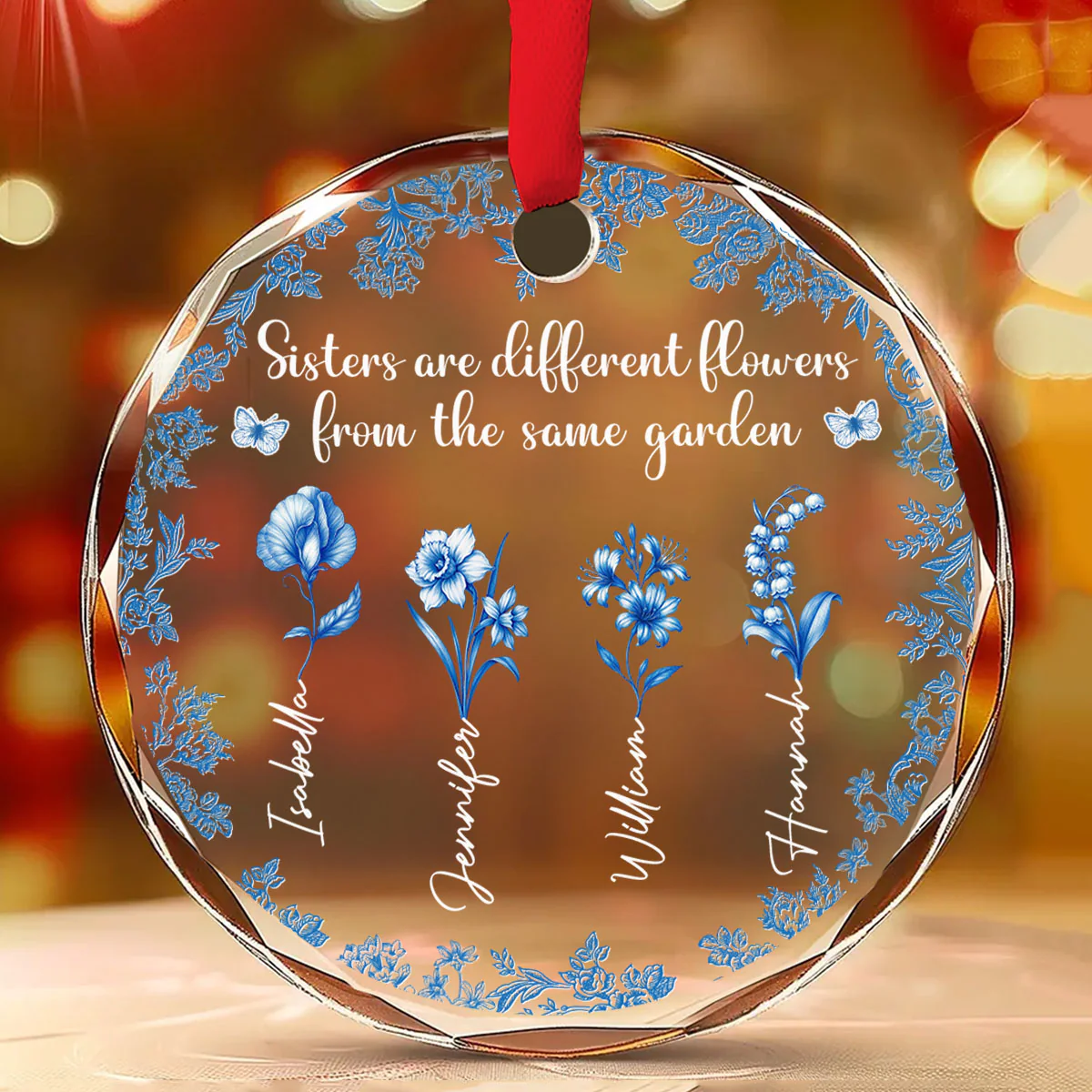 Bestie Flowers Toile De Jouy Style - Personalized Custom Glass Ornament - Image 2