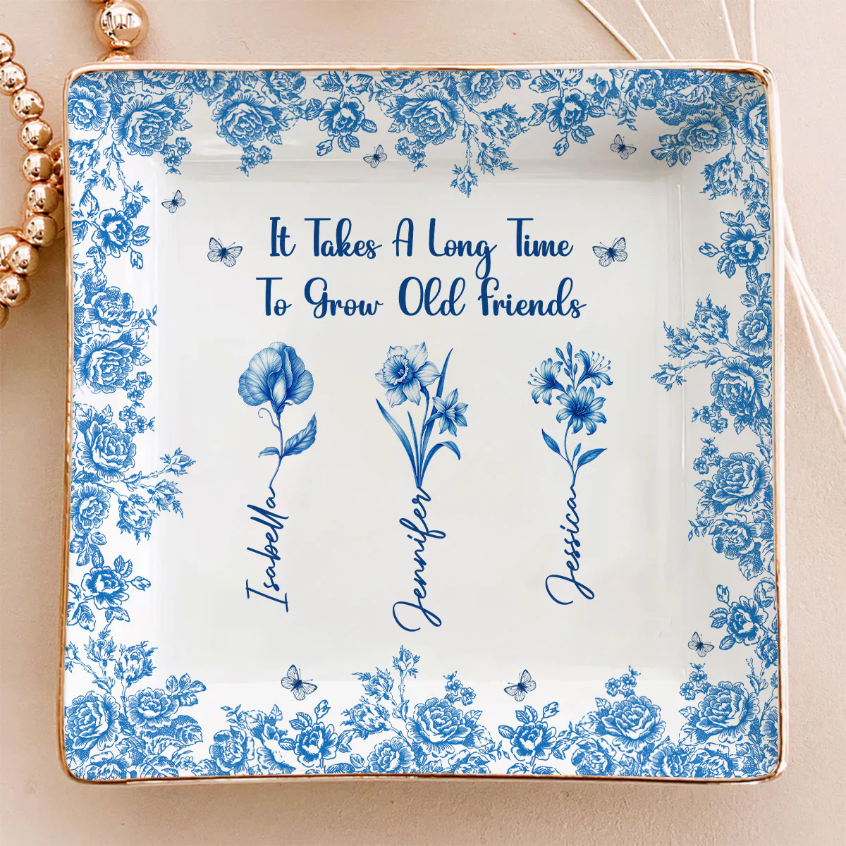 Bestie Flowers Toile De Jouy Style - Personalized Custom Jewelry Dish
