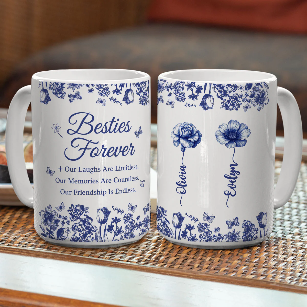 Besties Forever Blue Toile - Personalized Custom Coffee Mug - Image 2