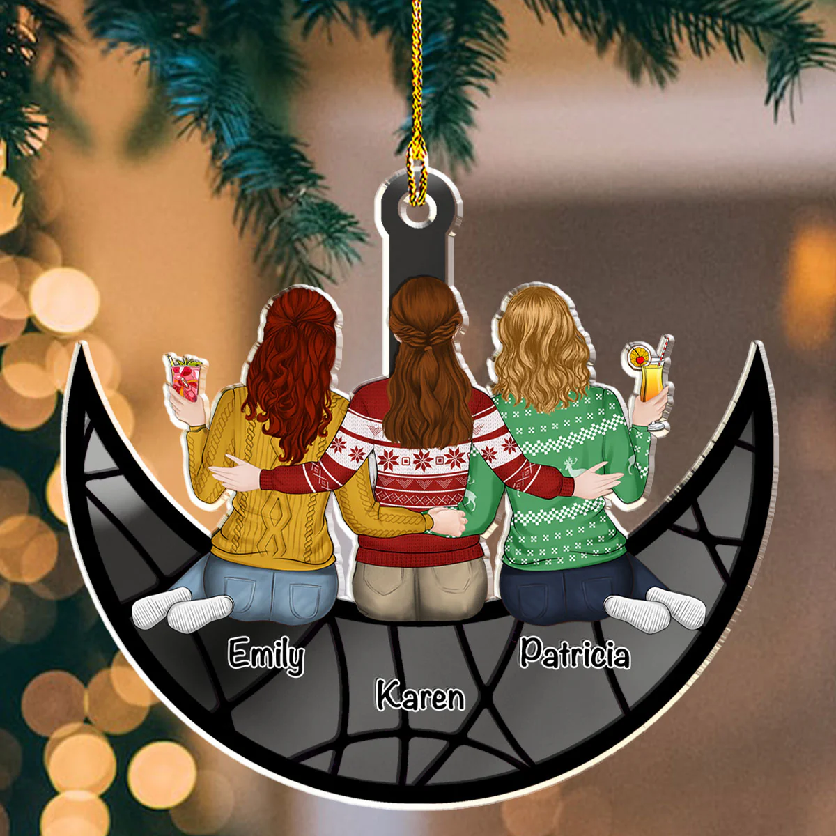 Besties Sitting On The Moon - Personalized Custom Mirrored Acrylic Ornament - Image 2