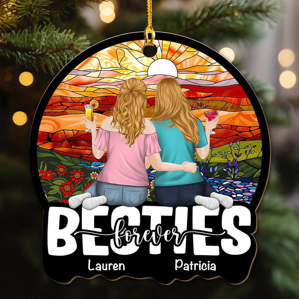 Besties Sitting Together - Personalized Custom Wood Ornament - Image 2