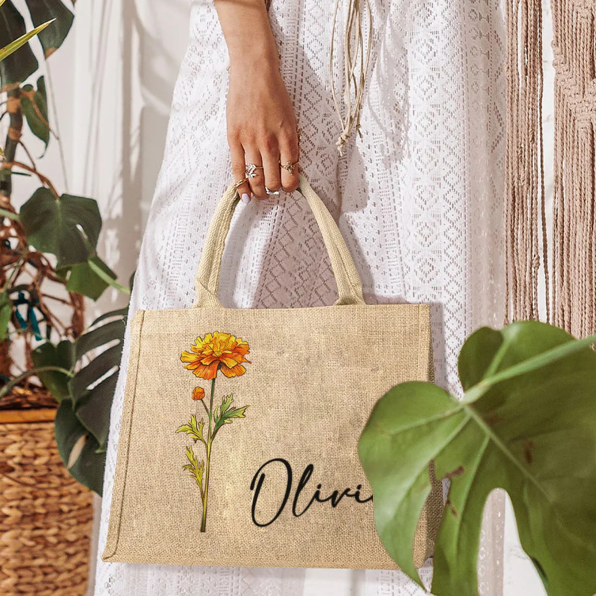 Birth Flower Beach - Personalized Custom Jute Tote Bag - Image 4