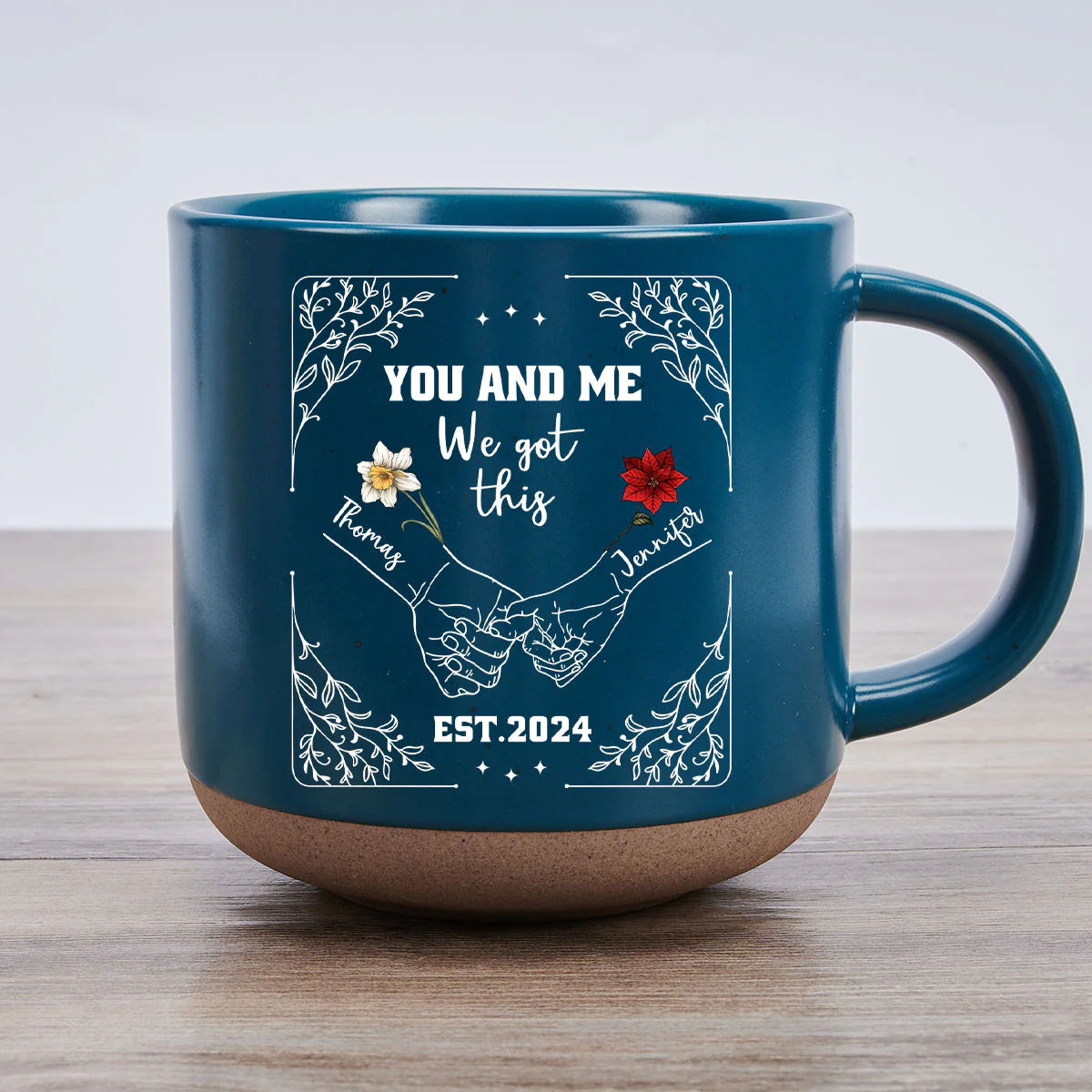 Birth Flower Hands In Hands - Personalized Custom Pottery Mug - Image 4