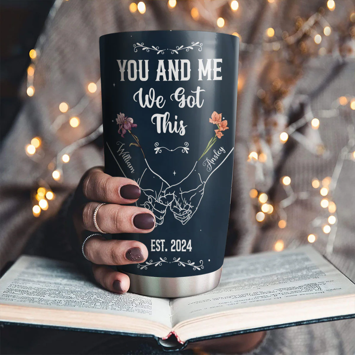 Birth Flower Hands In Hands - Personalized Custom Tumbler - Image 2
