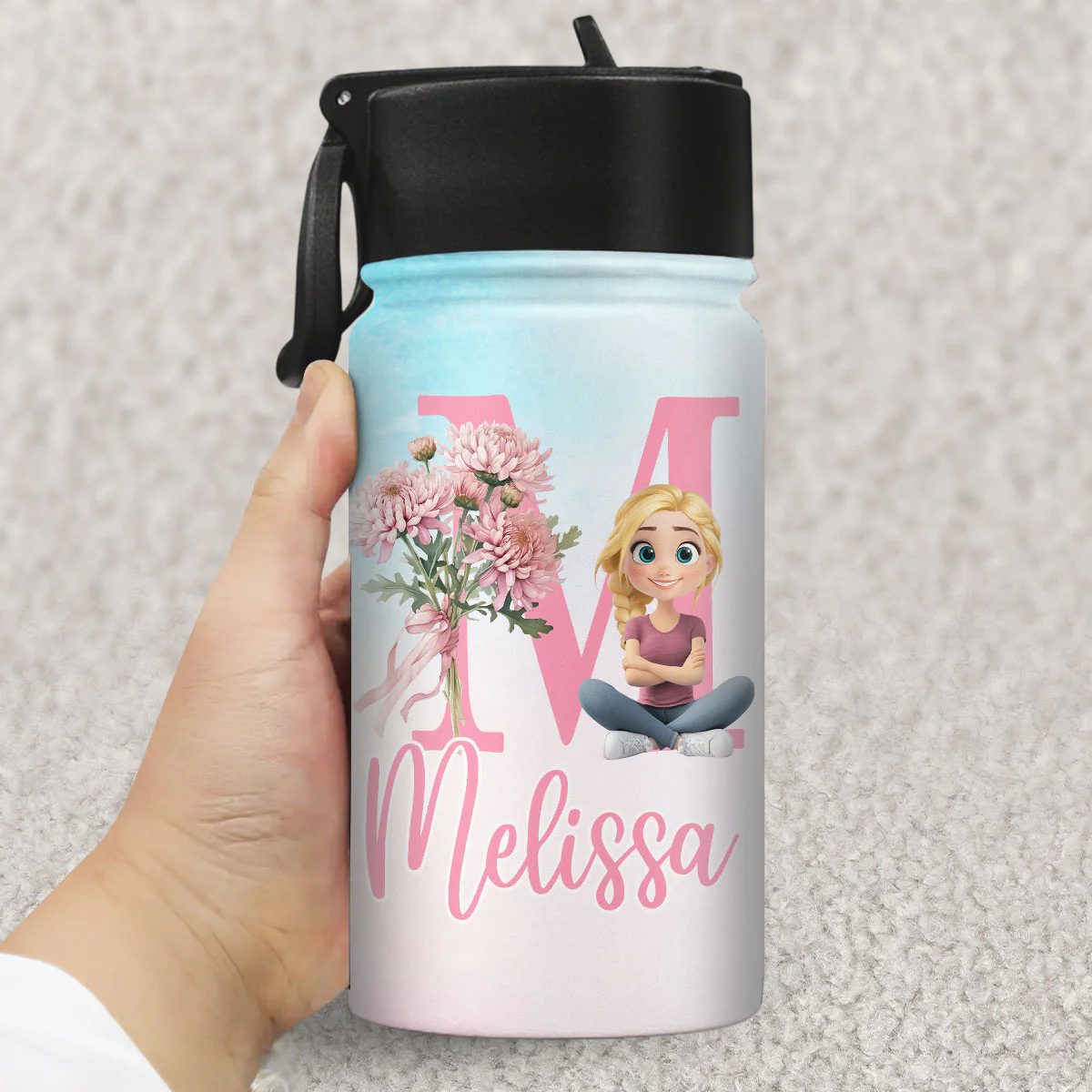 Birth Flower With Name - Personalized Custom Kids Water Bottle - Image 2