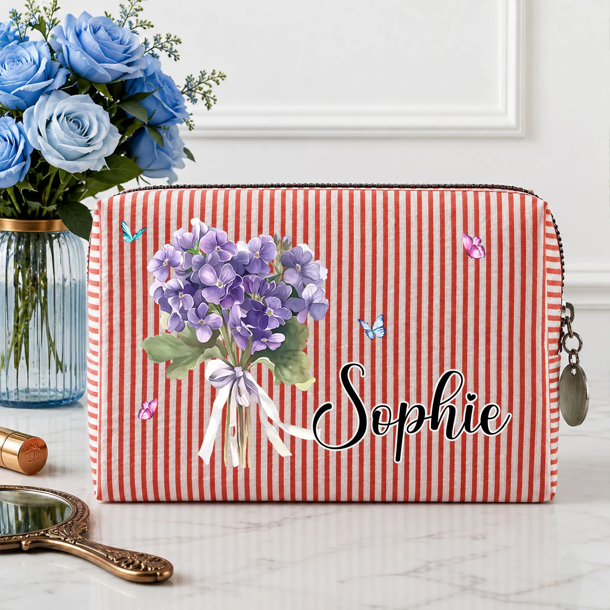 Birth Month Flower - Personalized Custom Seersucker Print Makeup Bag