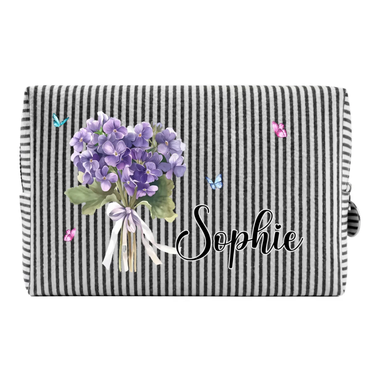 Birth Month Flower - Personalized Custom Seersucker Print Makeup Bag - Image 16