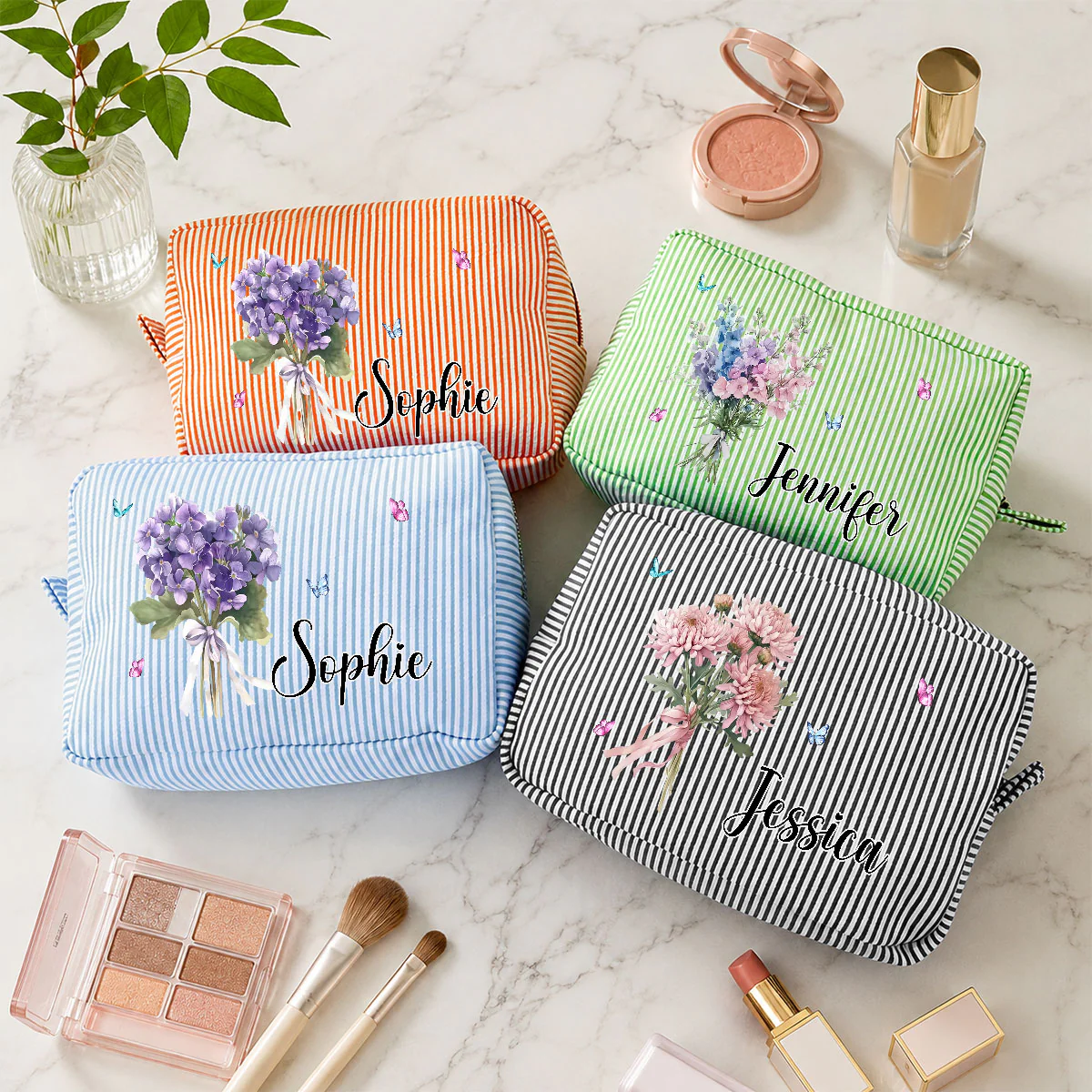 Birth Month Flower - Personalized Custom Seersucker Print Makeup Bag - Image 3
