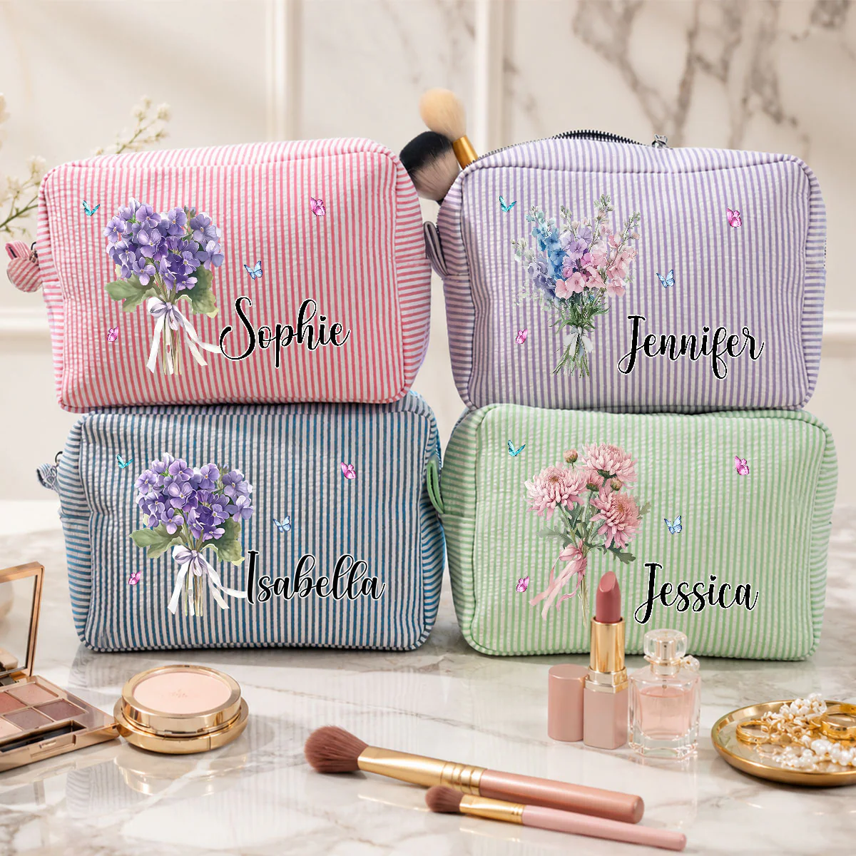 Birth Month Flower - Personalized Custom Seersucker Print Makeup Bag - Image 4