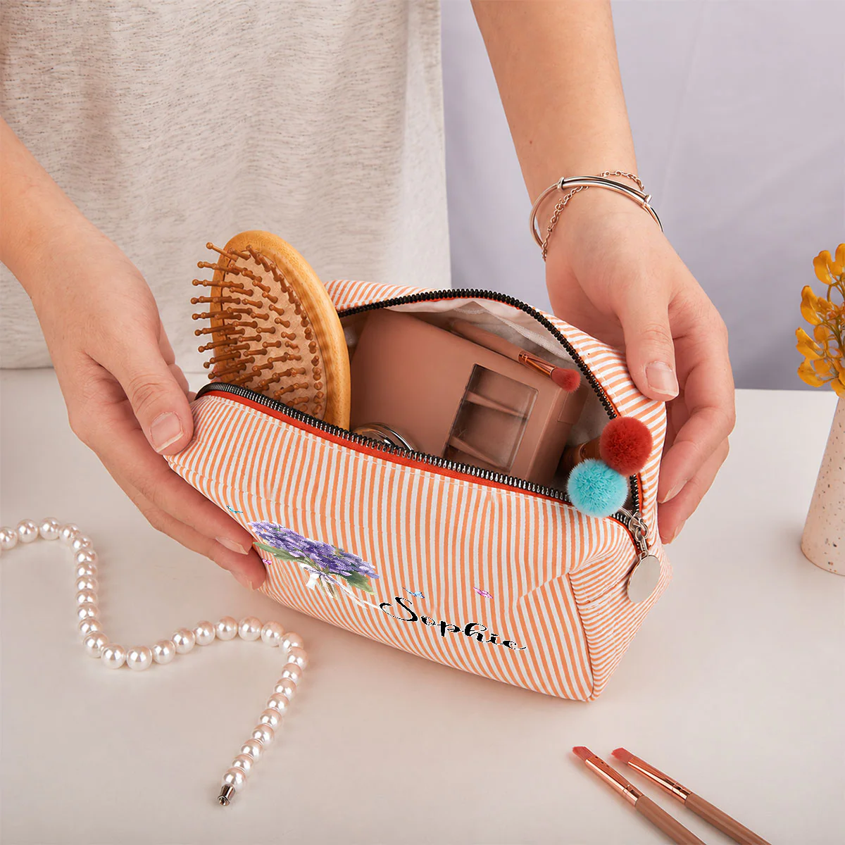 Birth Month Flower - Personalized Custom Seersucker Print Makeup Bag - Image 5