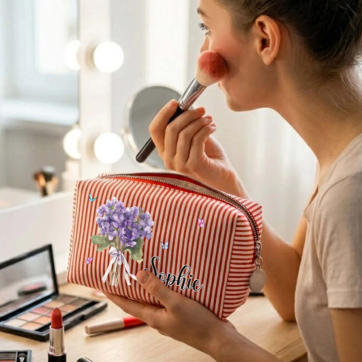 Birth Month Flower - Personalized Custom Seersucker Print Makeup Bag - Image 6