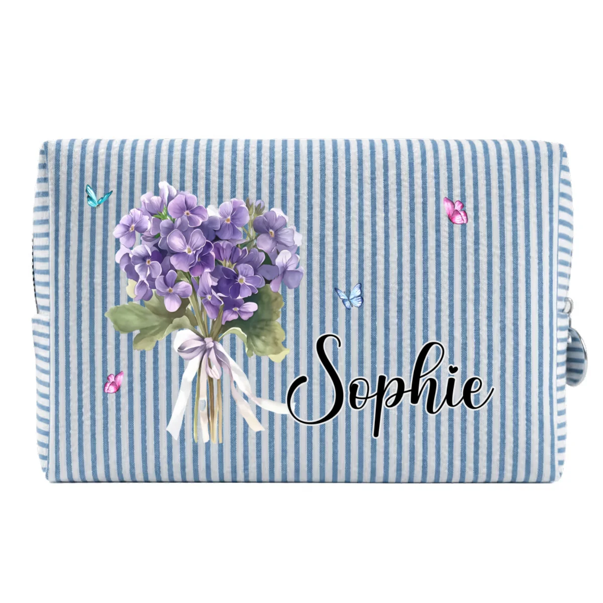 Birth Month Flower - Personalized Custom Seersucker Print Makeup Bag - Image 9