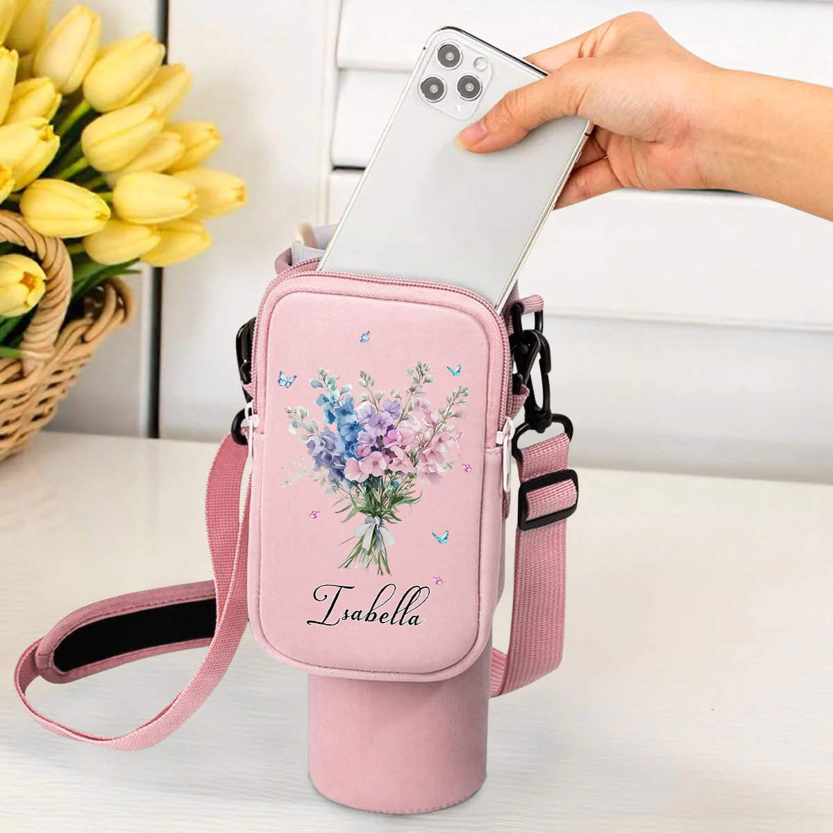 Birthmonth Flower - Personalized Custom Water Bottle Carrier Bag - Image 15