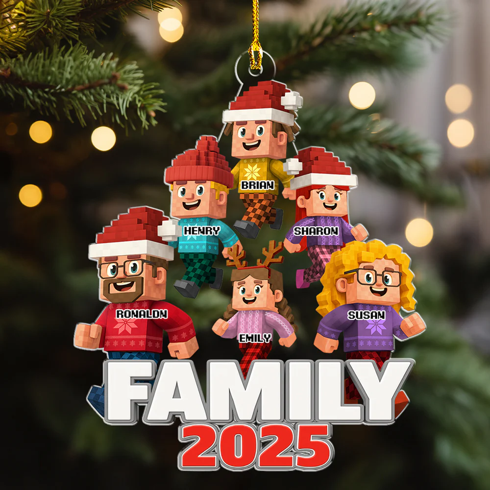 Blocky Voxel Family Christmas Tree - Personalized Custom Acrylic Ornament