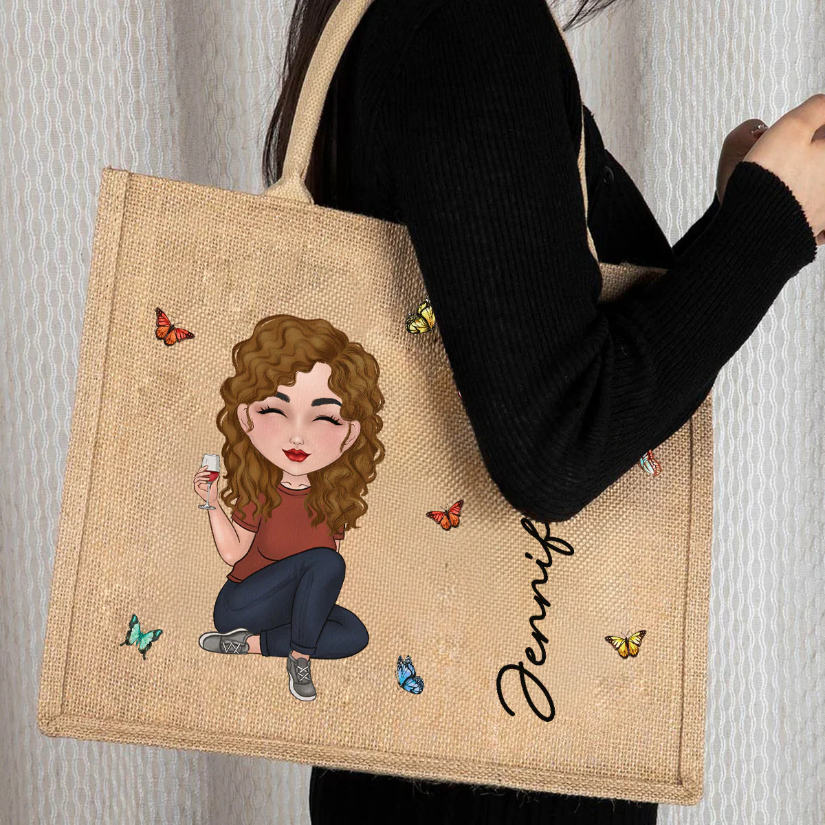Cartoon Bloom Girl Charm 3 - Personalized Custom Jute Tote Bag - Image 3