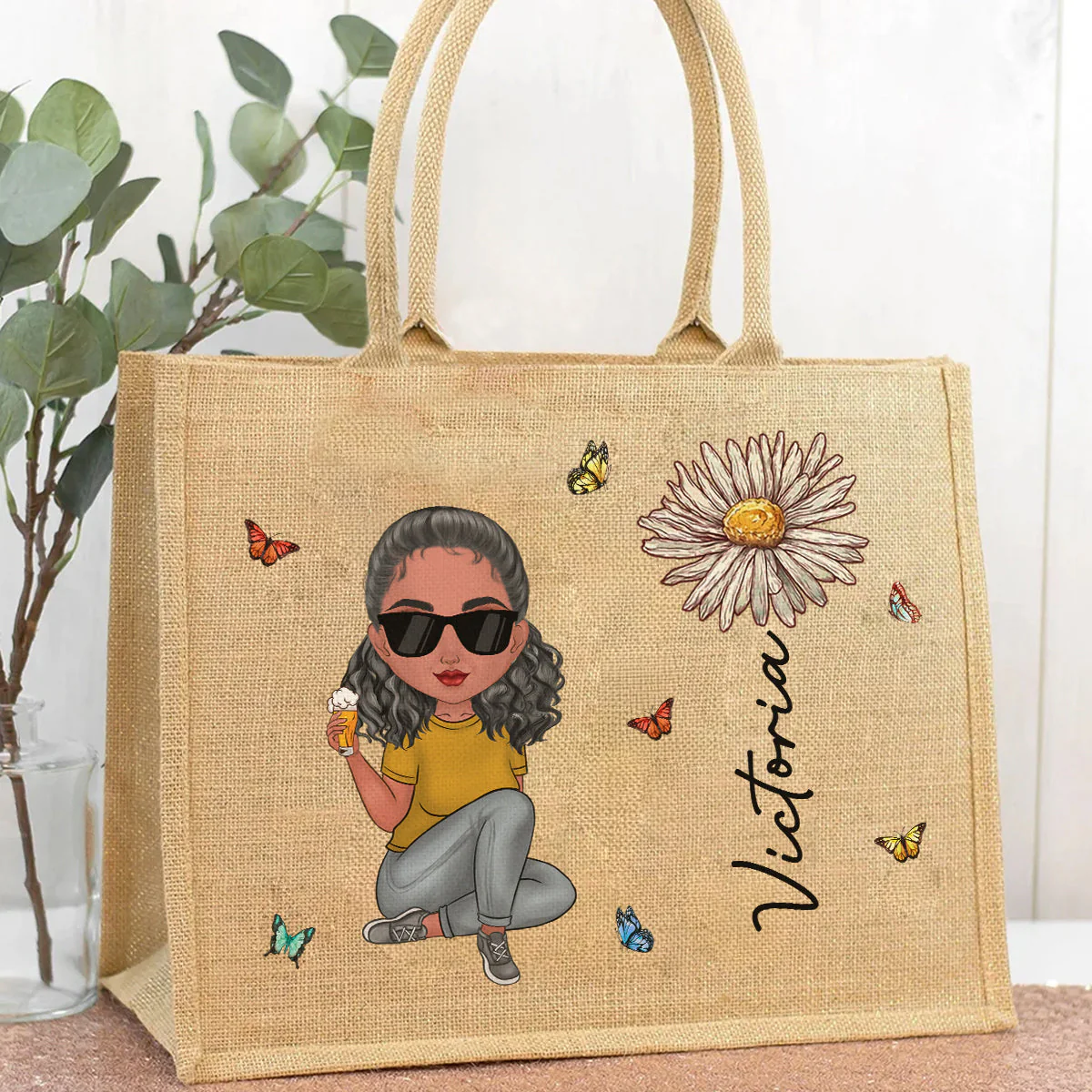 Cartoon Bloom Girl Charm - Personalized Custom Jute Tote Bag - Image 2