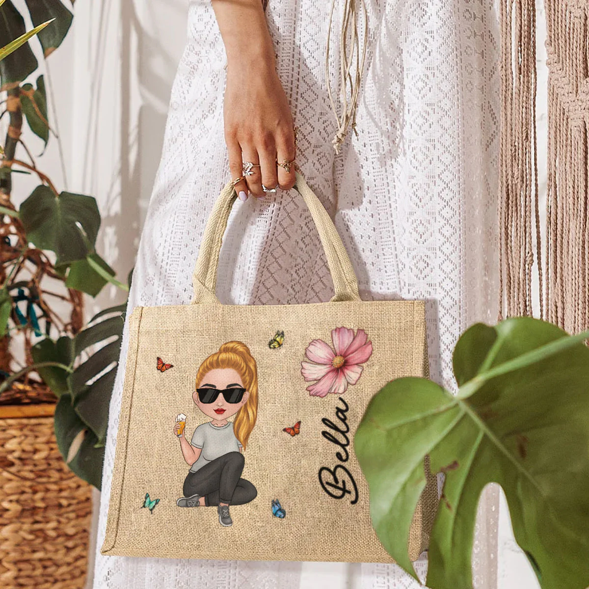 Cartoon Bloom Girl Charm - Personalized Custom Jute Tote Bag - Image 4
