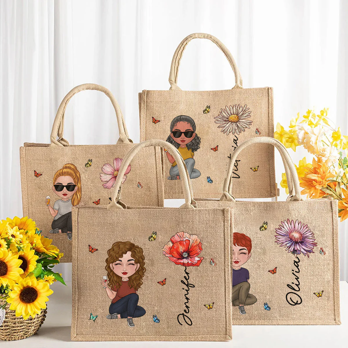 Cartoon Bloom Girl Charm - Personalized Custom Jute Tote Bag - Image 5