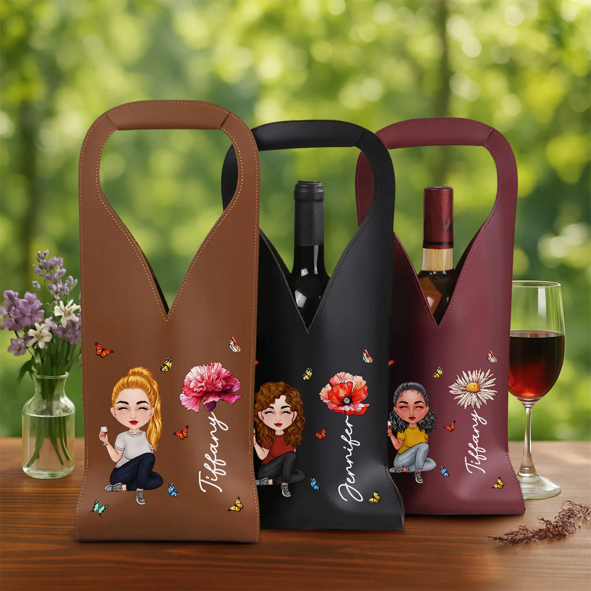 Cartoon Bloom Girl Charm - Personalized Custom Leather Wine Bag - Image 5