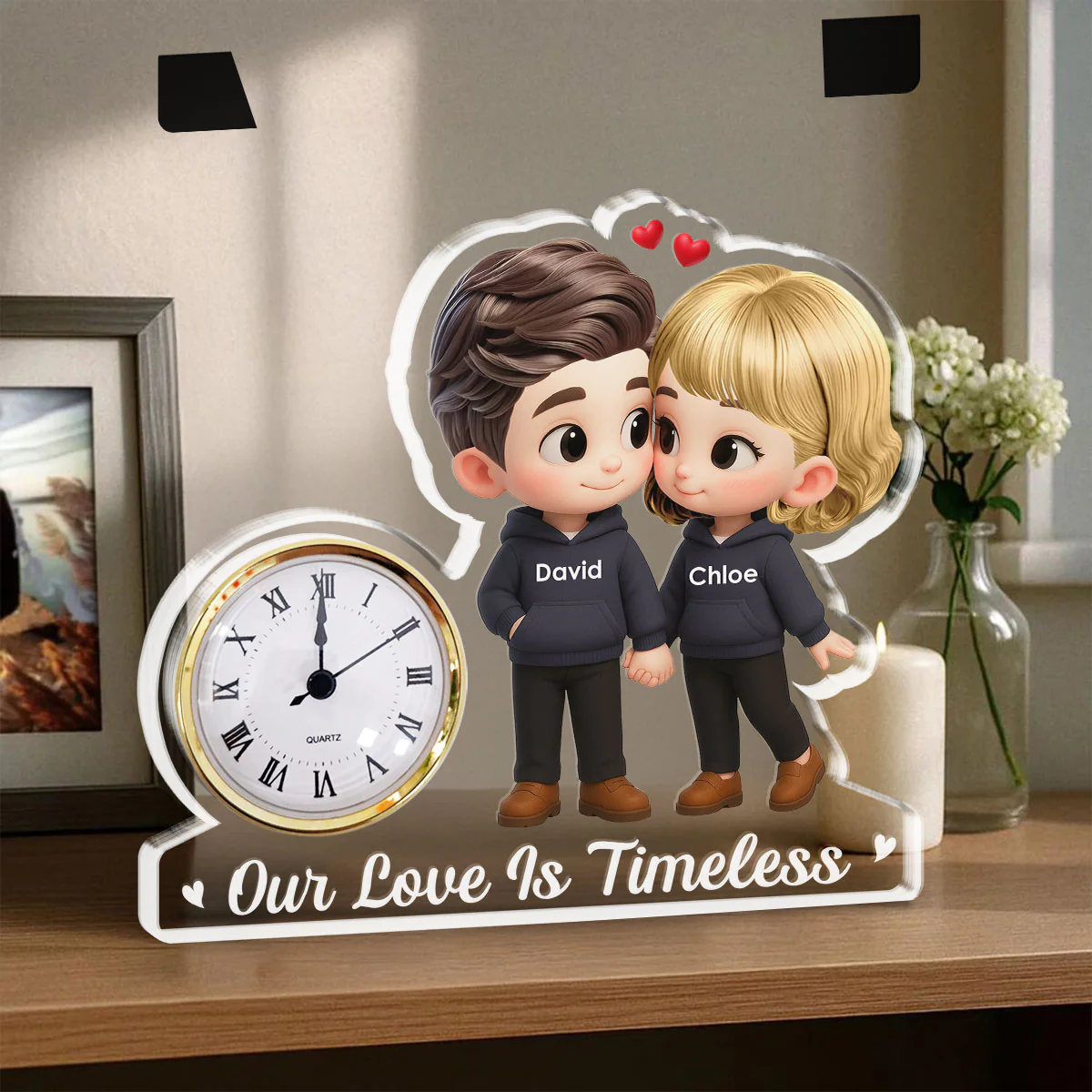 Cartoon Couple Holding Hands - Personalized Custom Acrylic Desk Clock Plaque - Image 3