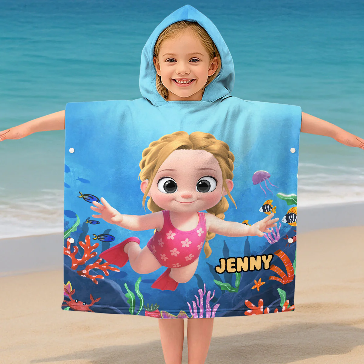 Cartoon Kid Character Marine - Personalized Custom Hooded Beach Towel