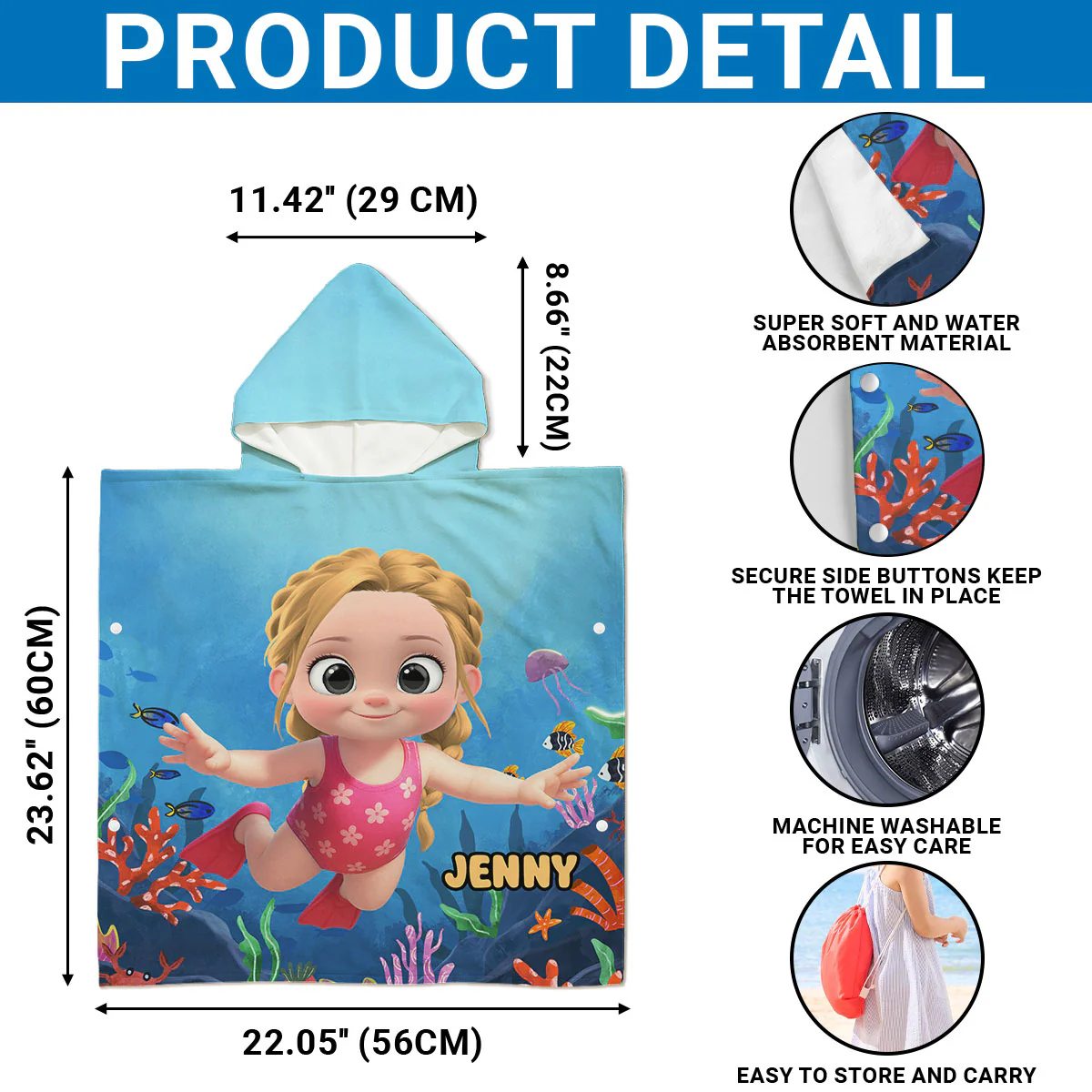 Cartoon Kid Character Marine - Personalized Custom Hooded Beach Towel - Image 6