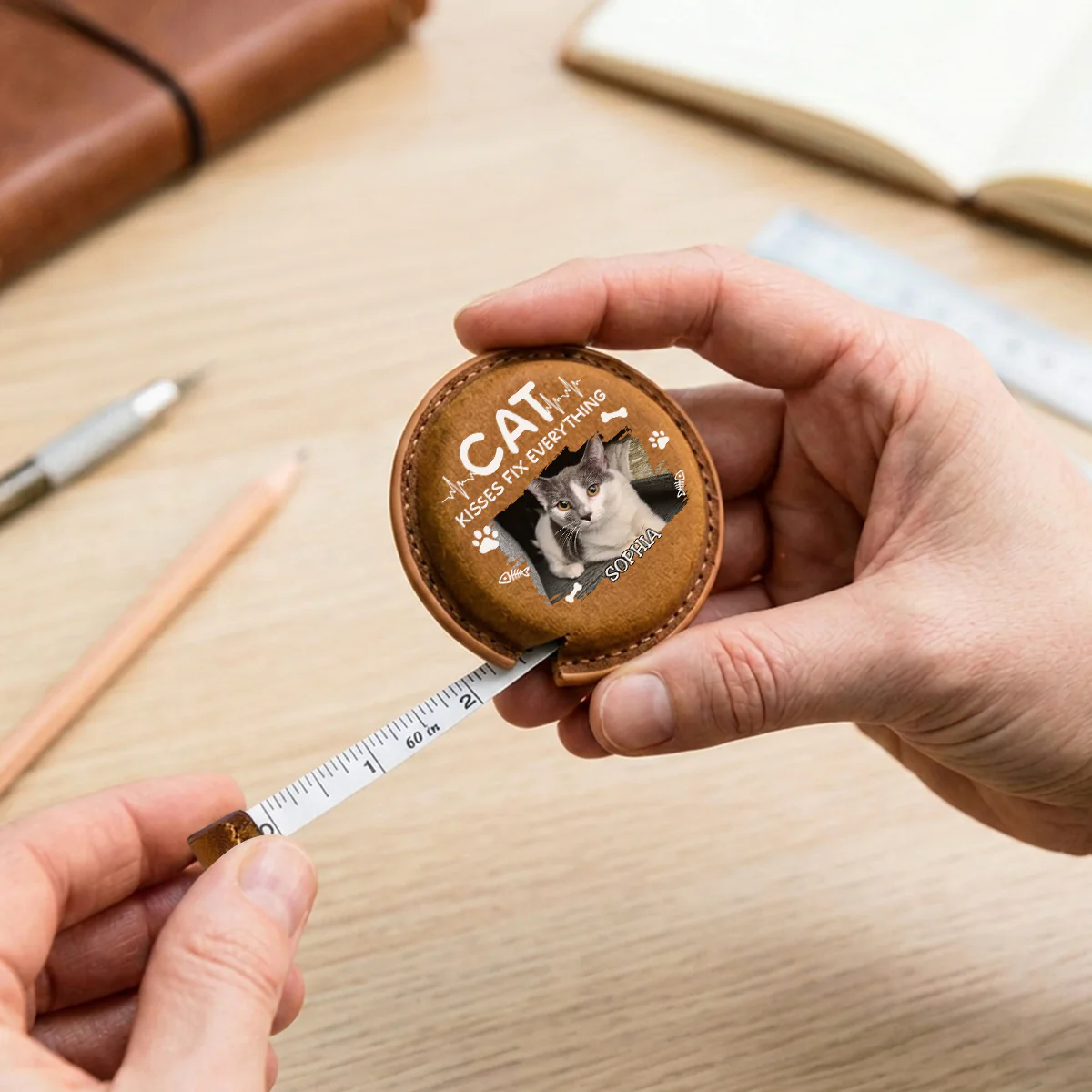 Cat Kisses Photo - Personalized Custom Leather Tape Measure - Image 2